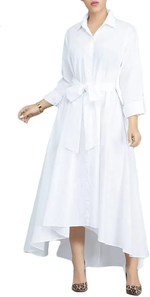 VERWIN Women Long Sleeve Loose Elegant Maxi Dress Button Down Up Shirt Long Dress with Pockets and Belts