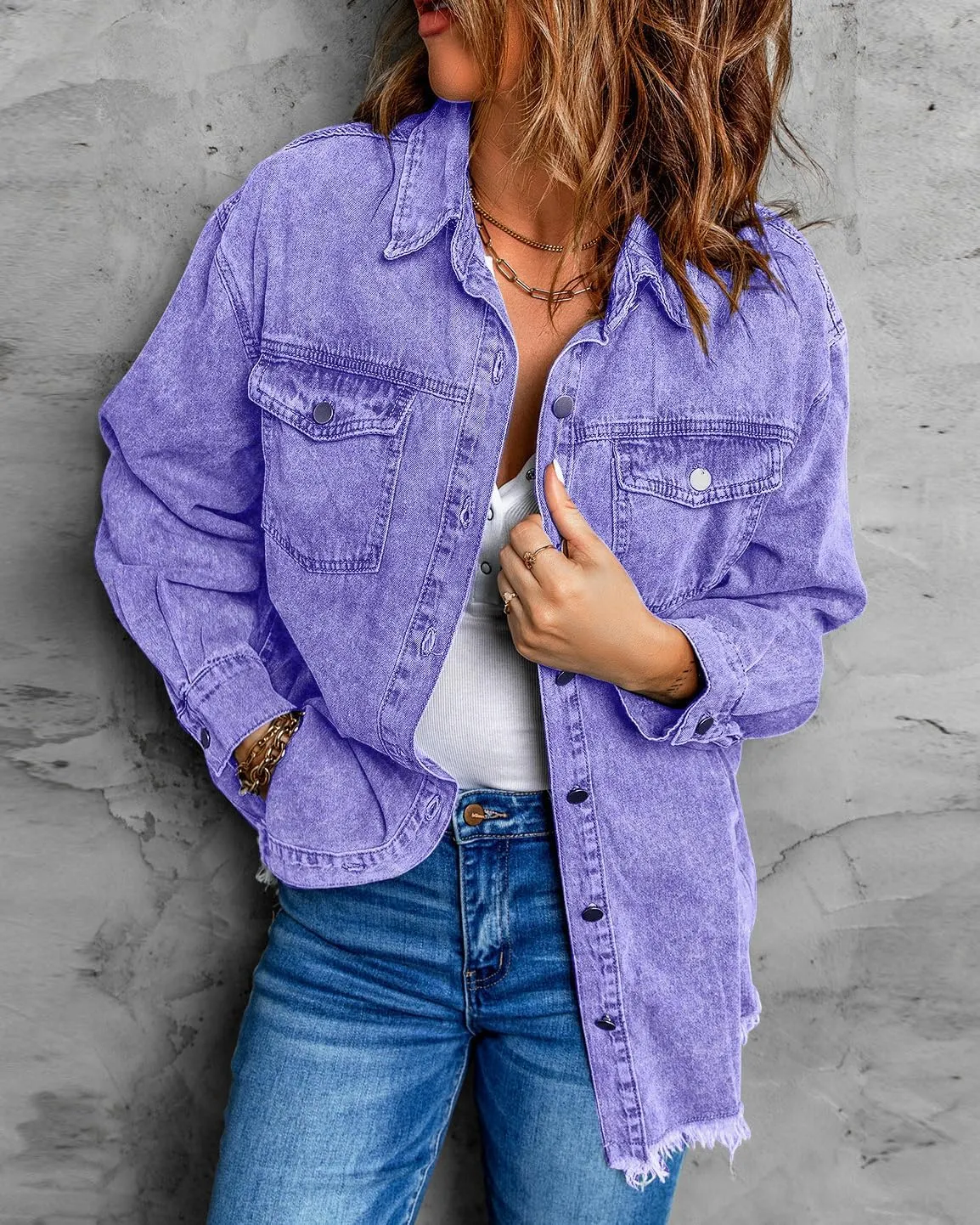 Vetinee Women’s Oversized Button Up Frayed Hem Shacket Long Sleeve Pockets Denim Jean Jacket