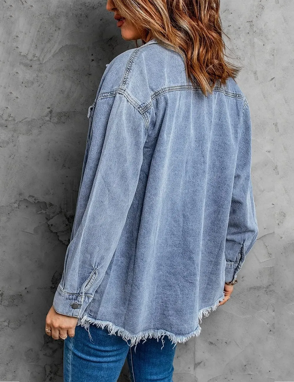 Vetinee Women’s Oversized Button Up Frayed Hem Shacket Long Sleeve Pockets Denim Jean Jacket