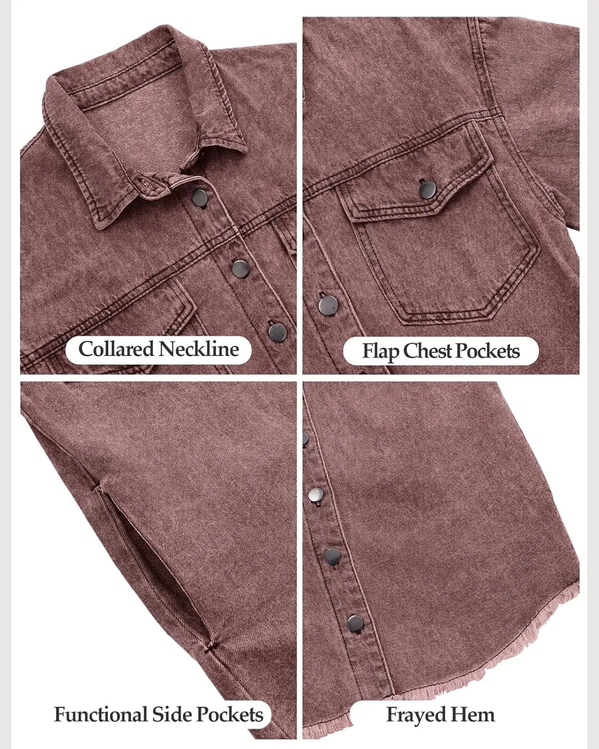 Vetinee Women’s Oversized Button Up Frayed Hem Shacket Long Sleeve Pockets Denim Jean Jacket