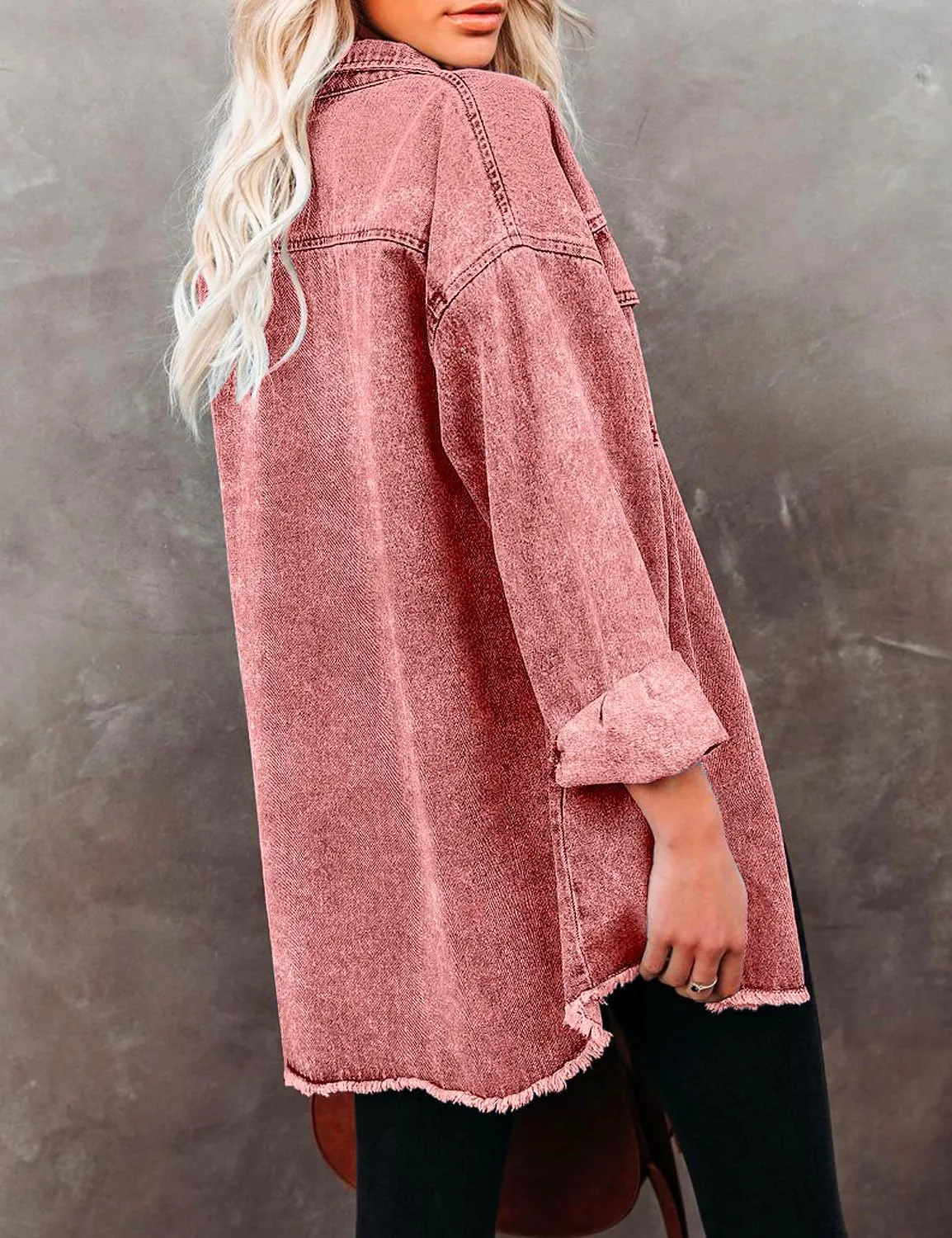 Vetinee Women’s Oversized Button Up Frayed Hem Shacket Long Sleeve Pockets Denim Jean Jacket