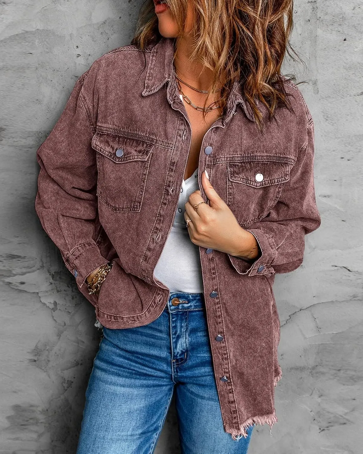 Vetinee Women’s Oversized Button Up Frayed Hem Shacket Long Sleeve Pockets Denim Jean Jacket