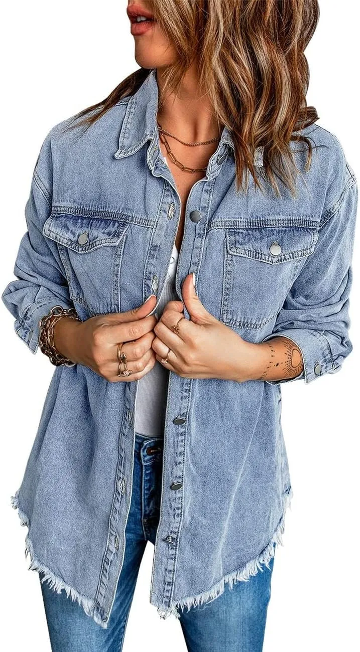 Vetinee Women’s Oversized Button Up Frayed Hem Shacket Long Sleeve Pockets Denim Jean Jacket