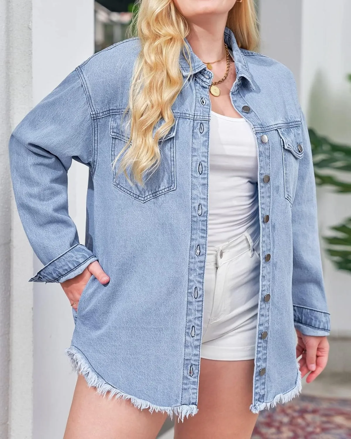 Vetinee Women’s Oversized Button Up Frayed Hem Shacket Long Sleeve Pockets Denim Jean Jacket