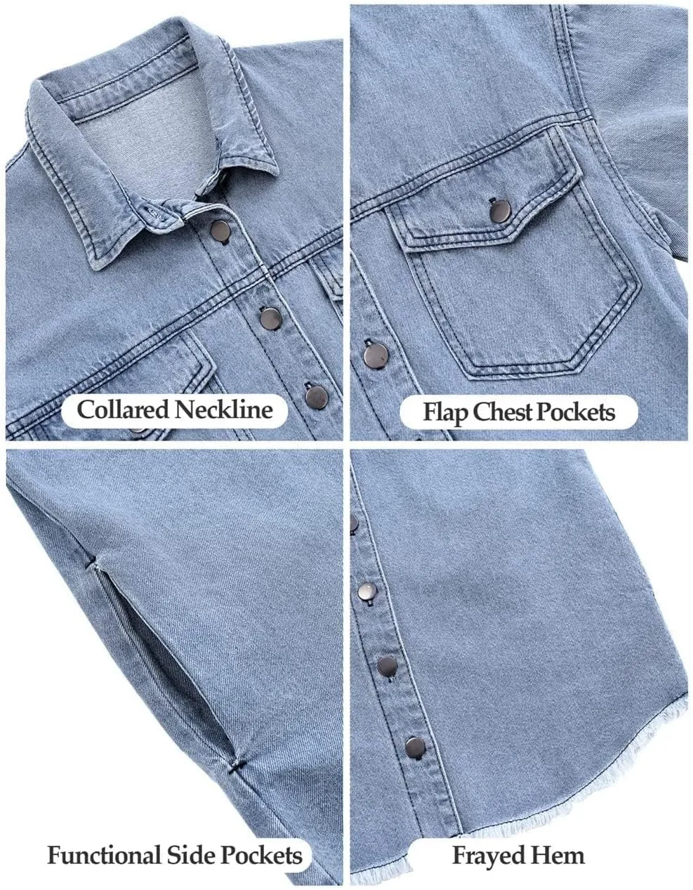 Vetinee Women’s Oversized Button Up Frayed Hem Shacket Long Sleeve Pockets Denim Jean Jacket