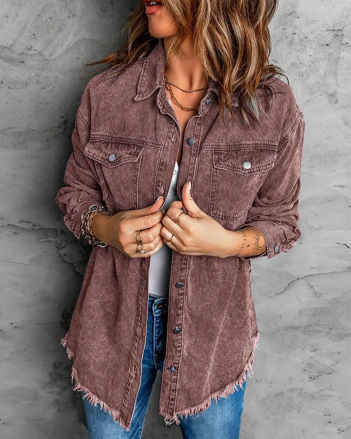 Vetinee Women’s Oversized Button Up Frayed Hem Shacket Long Sleeve Pockets Denim Jean Jacket