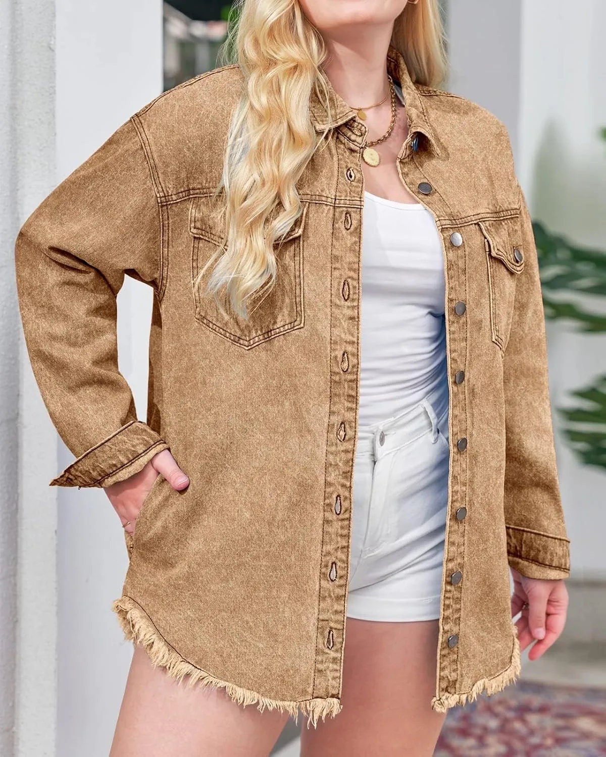 Vetinee Women’s Oversized Button Up Frayed Hem Shacket Long Sleeve Pockets Denim Jean Jacket