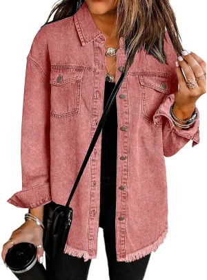 Vetinee Women’s Oversized Button Up Frayed Hem Shacket Long Sleeve Pockets Denim Jean Jacket
