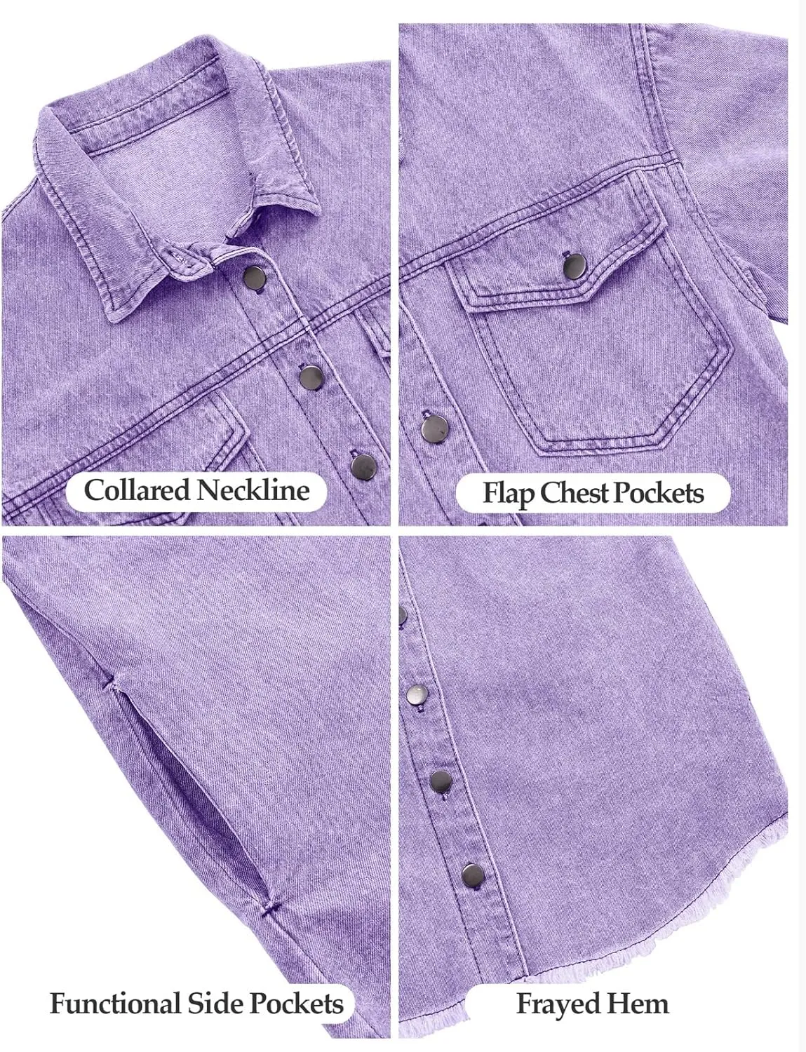 Vetinee Women’s Oversized Button Up Frayed Hem Shacket Long Sleeve Pockets Denim Jean Jacket