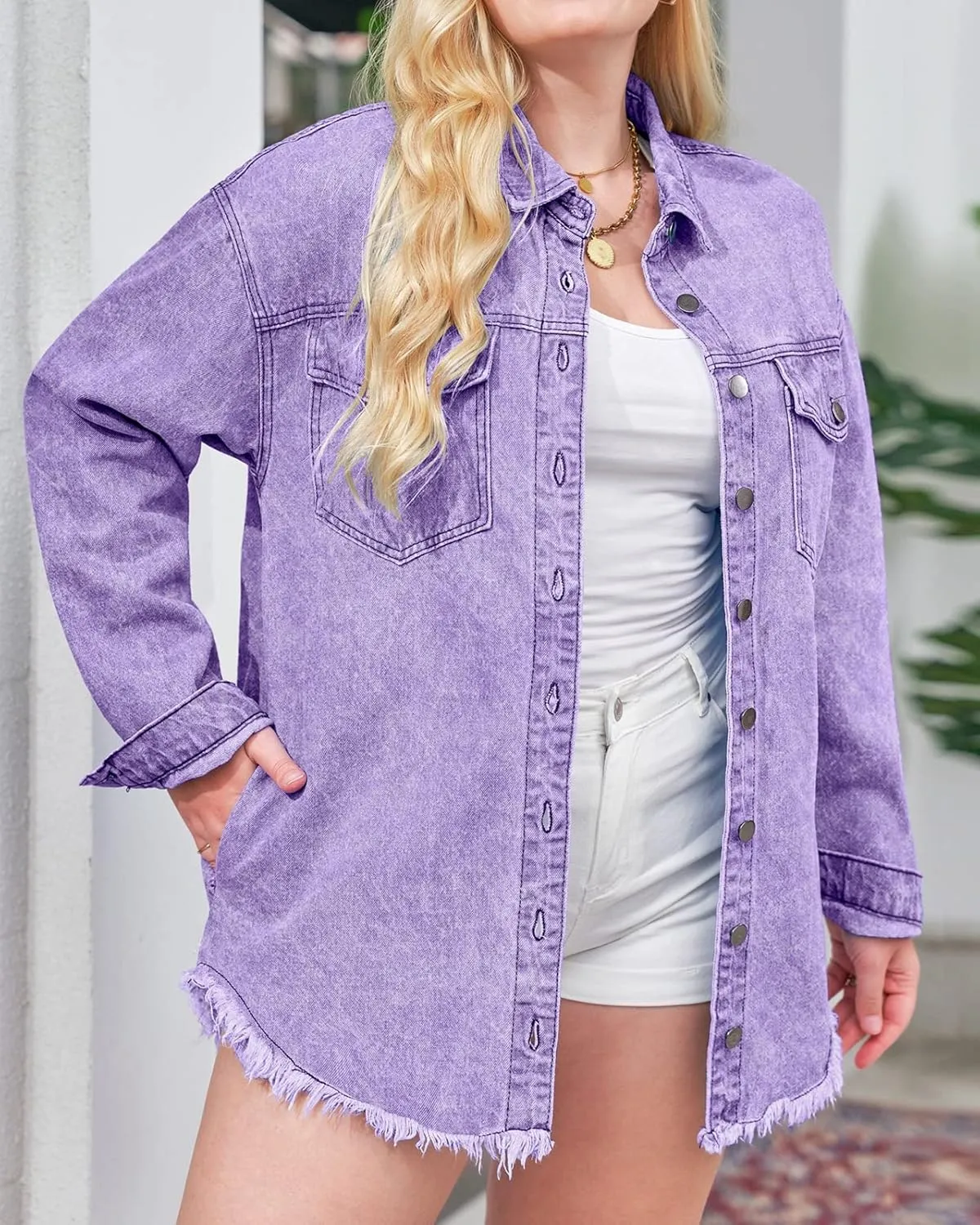 Vetinee Women’s Oversized Button Up Frayed Hem Shacket Long Sleeve Pockets Denim Jean Jacket