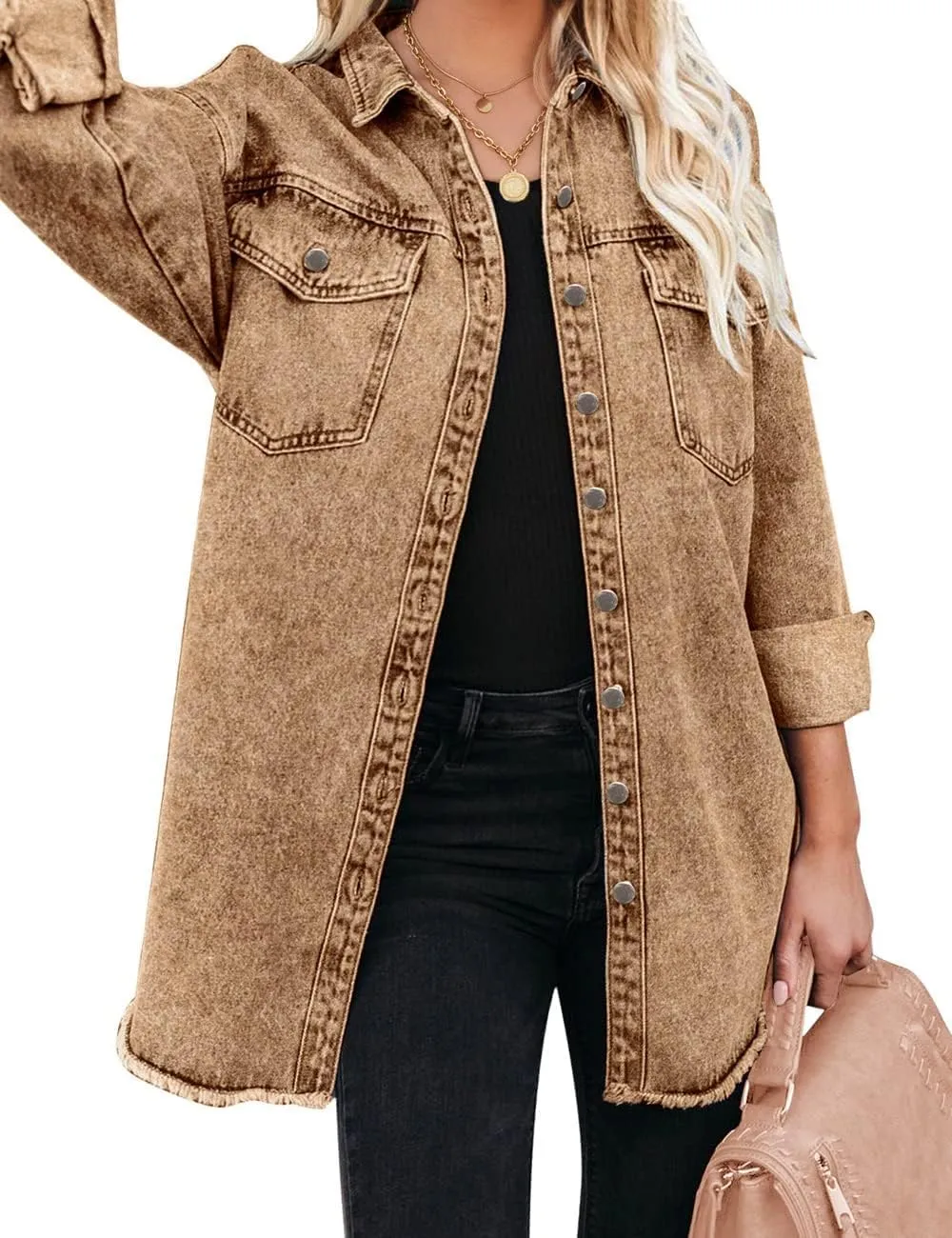 Vetinee Women’s Oversized Button Up Frayed Hem Shacket Long Sleeve Pockets Denim Jean Jacket