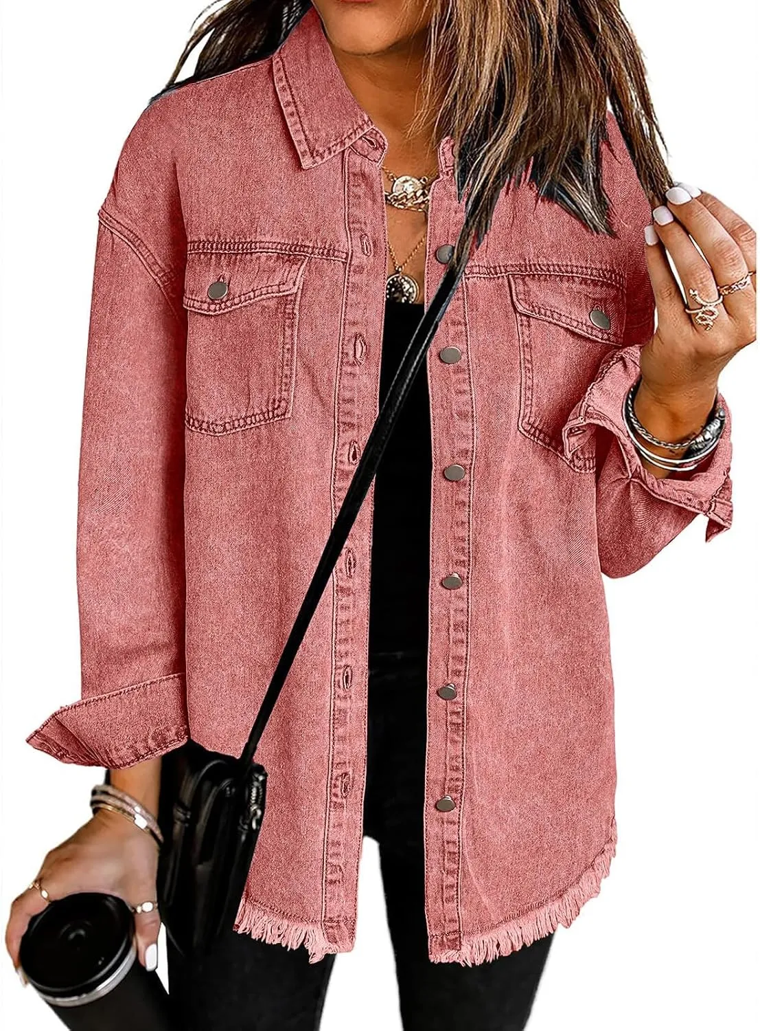 Vetinee Women’s Oversized Button Up Frayed Hem Shacket Long Sleeve Pockets Denim Jean Jacket