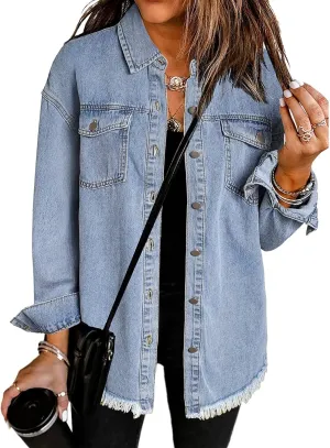 Vetinee Women’s Oversized Button Up Frayed Hem Shacket Long Sleeve Pockets Denim Jean Jacket
