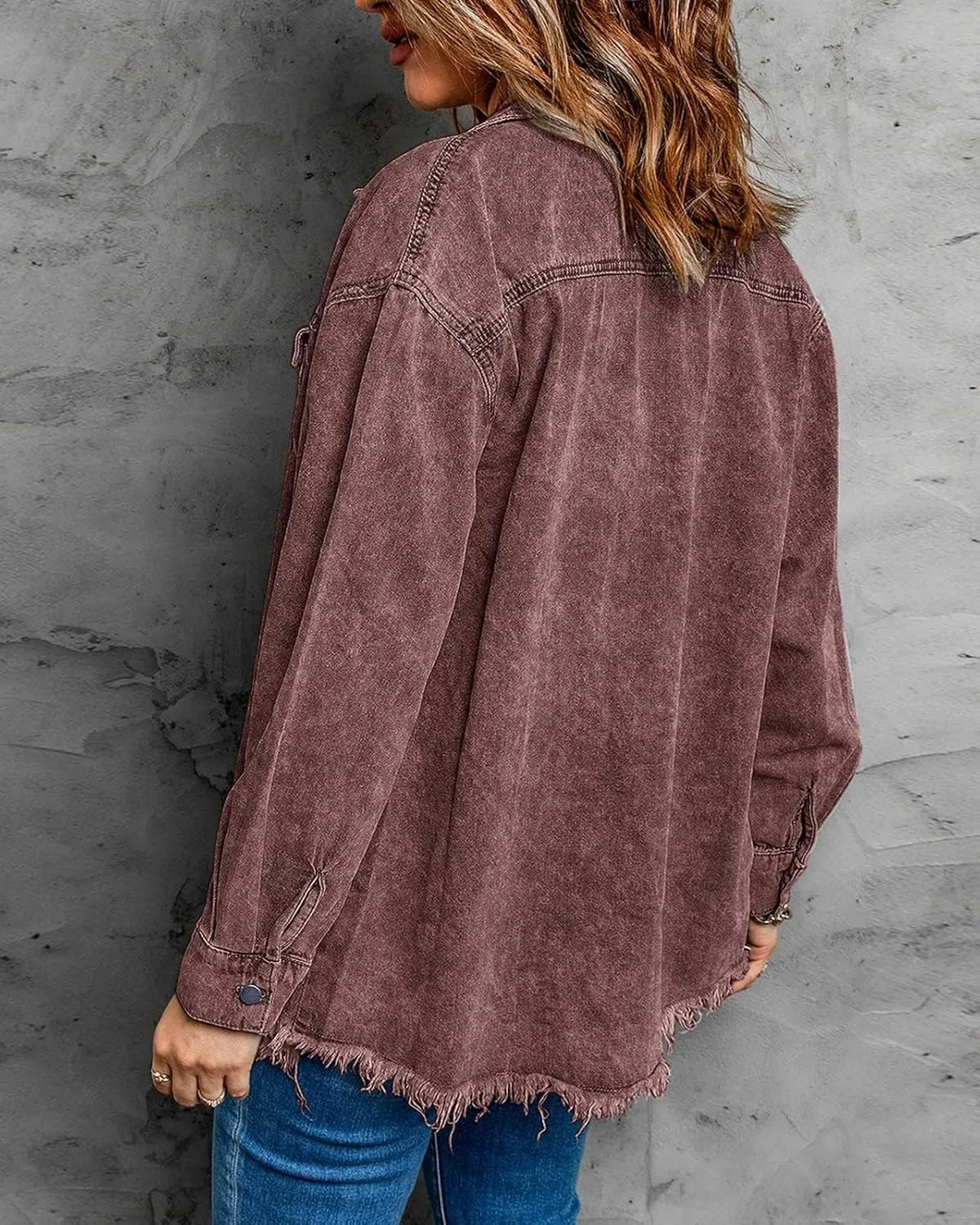 Vetinee Women’s Oversized Button Up Frayed Hem Shacket Long Sleeve Pockets Denim Jean Jacket