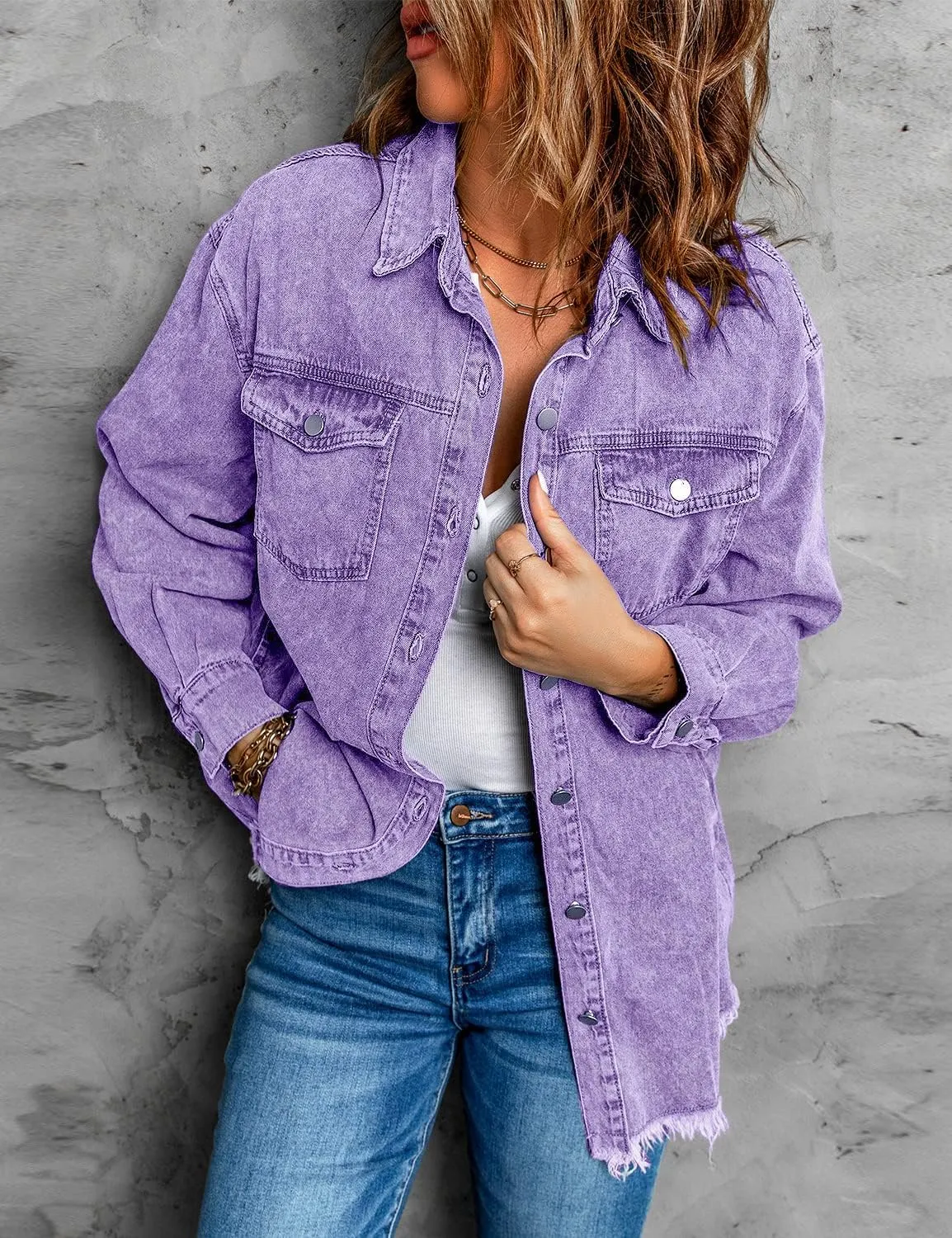 Vetinee Women’s Oversized Button Up Frayed Hem Shacket Long Sleeve Pockets Denim Jean Jacket