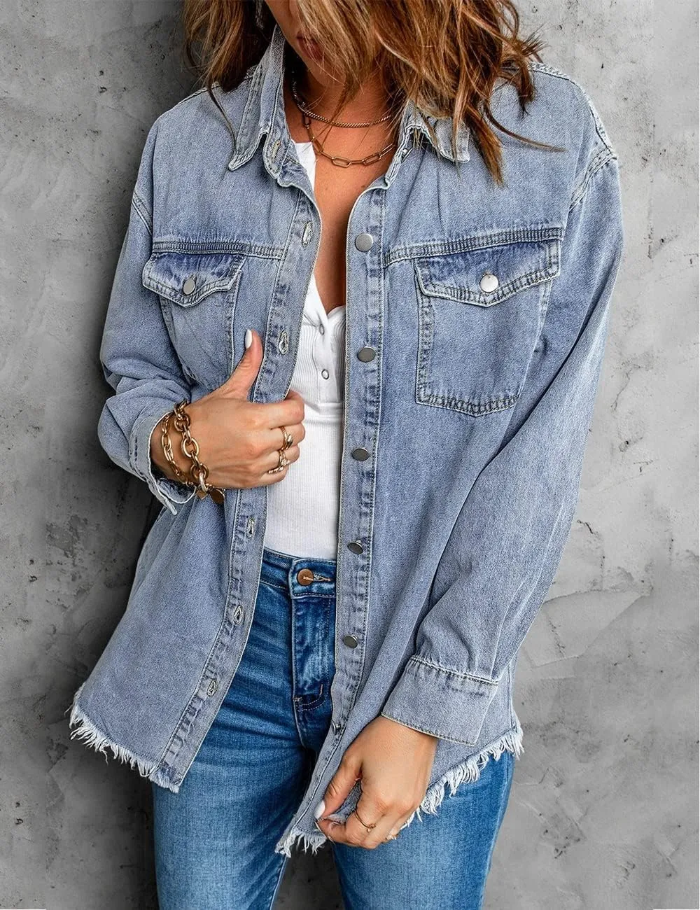Vetinee Women’s Oversized Button Up Frayed Hem Shacket Long Sleeve Pockets Denim Jean Jacket