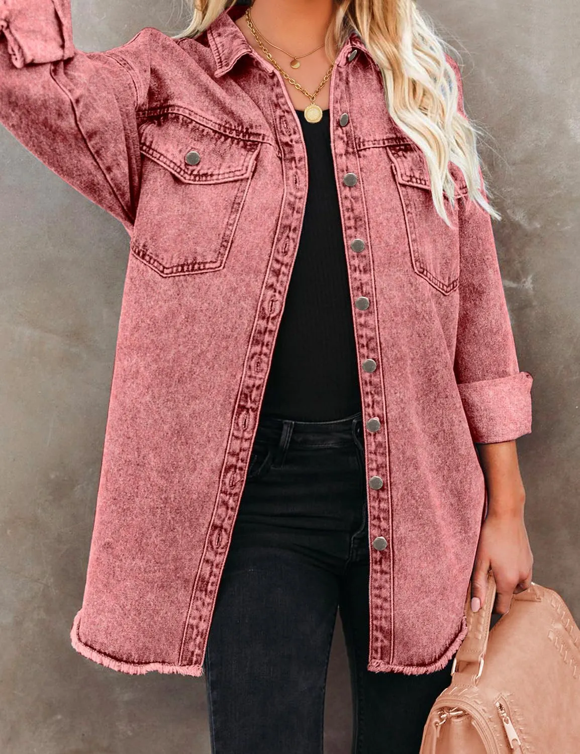 Vetinee Women’s Oversized Button Up Frayed Hem Shacket Long Sleeve Pockets Denim Jean Jacket