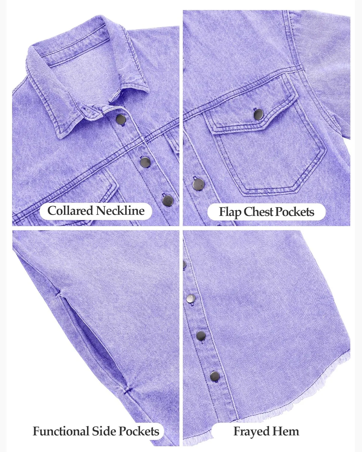 Vetinee Women’s Oversized Button Up Frayed Hem Shacket Long Sleeve Pockets Denim Jean Jacket