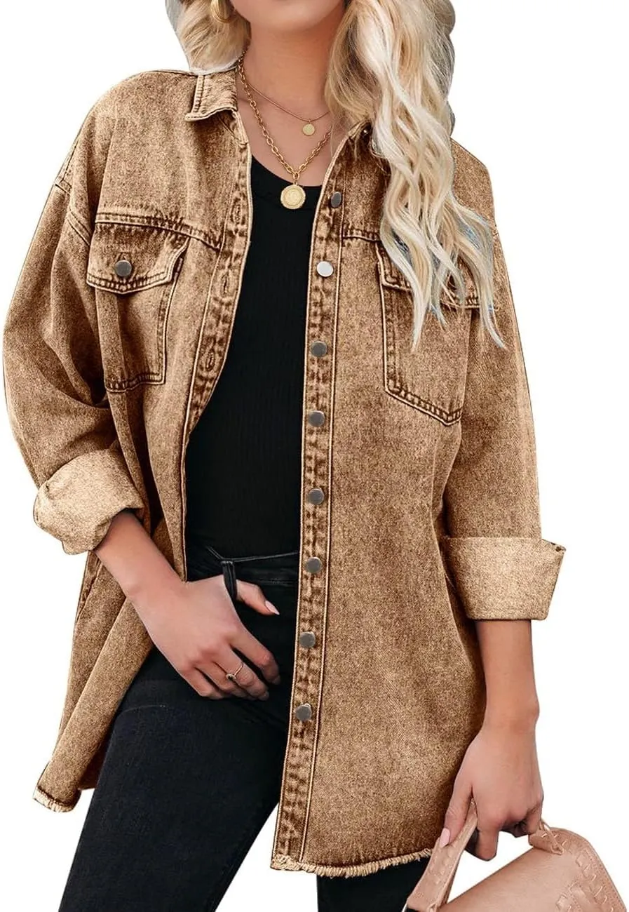 Vetinee Women’s Oversized Button Up Frayed Hem Shacket Long Sleeve Pockets Denim Jean Jacket