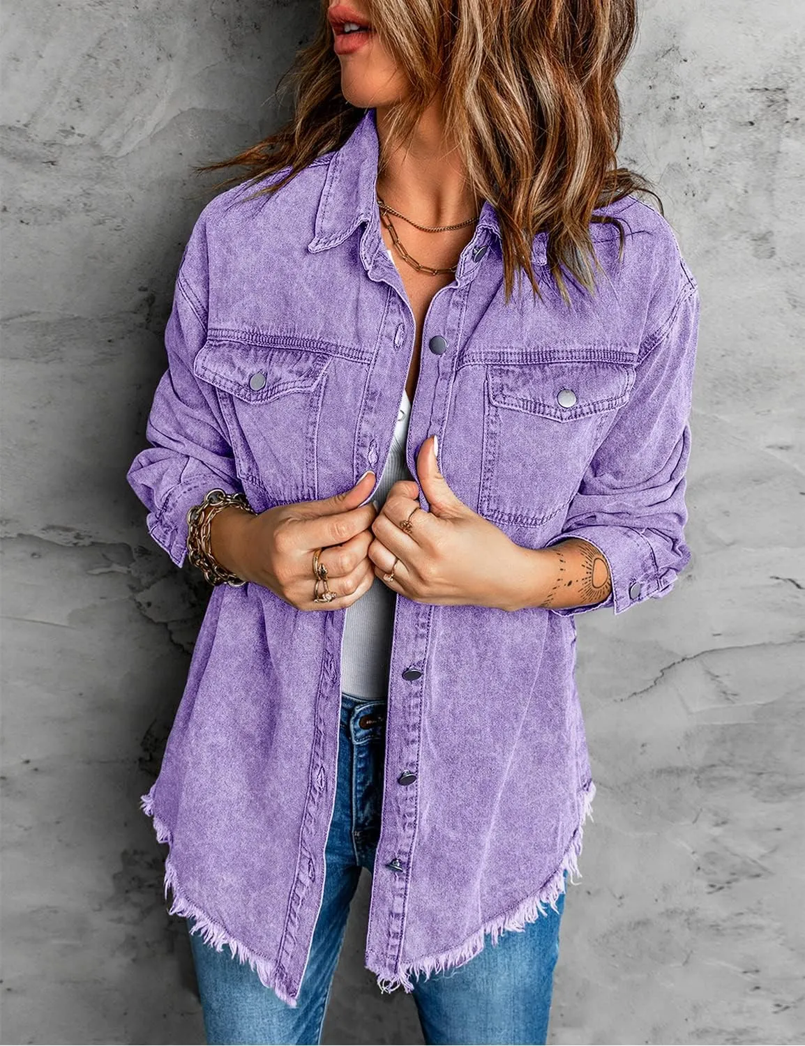 Vetinee Women’s Oversized Button Up Frayed Hem Shacket Long Sleeve Pockets Denim Jean Jacket