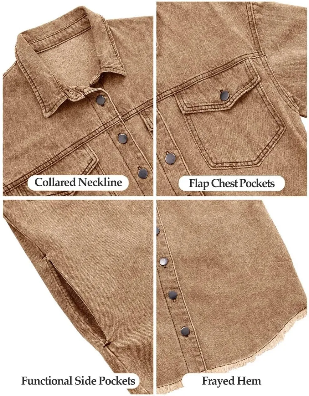 Vetinee Women’s Oversized Button Up Frayed Hem Shacket Long Sleeve Pockets Denim Jean Jacket