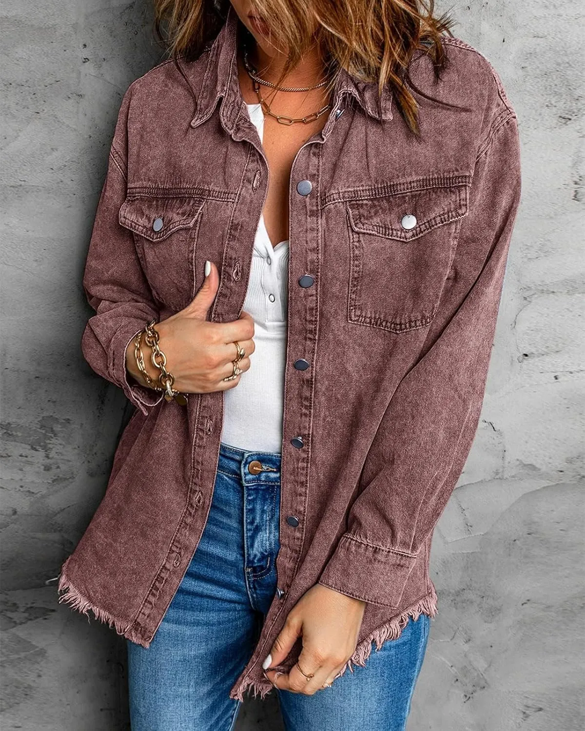 Vetinee Women’s Oversized Button Up Frayed Hem Shacket Long Sleeve Pockets Denim Jean Jacket
