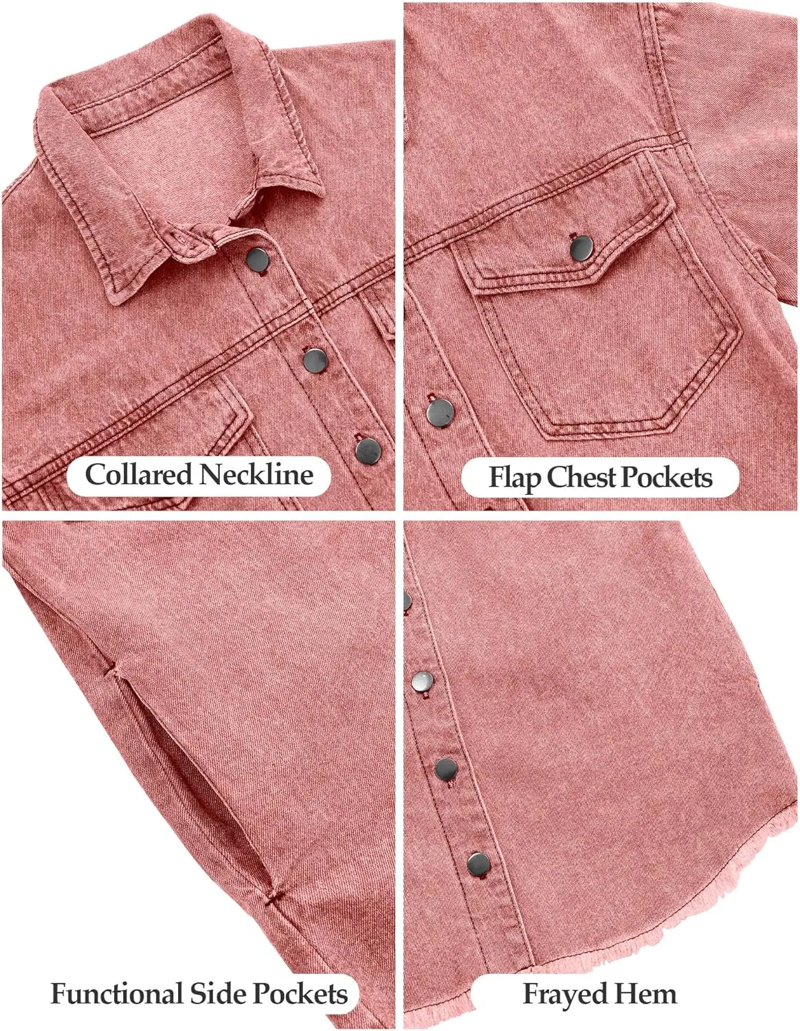 Vetinee Women’s Oversized Button Up Frayed Hem Shacket Long Sleeve Pockets Denim Jean Jacket
