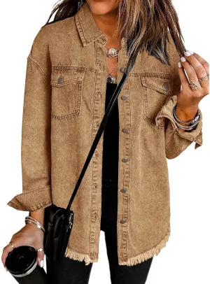 Vetinee Women’s Oversized Button Up Frayed Hem Shacket Long Sleeve Pockets Denim Jean Jacket