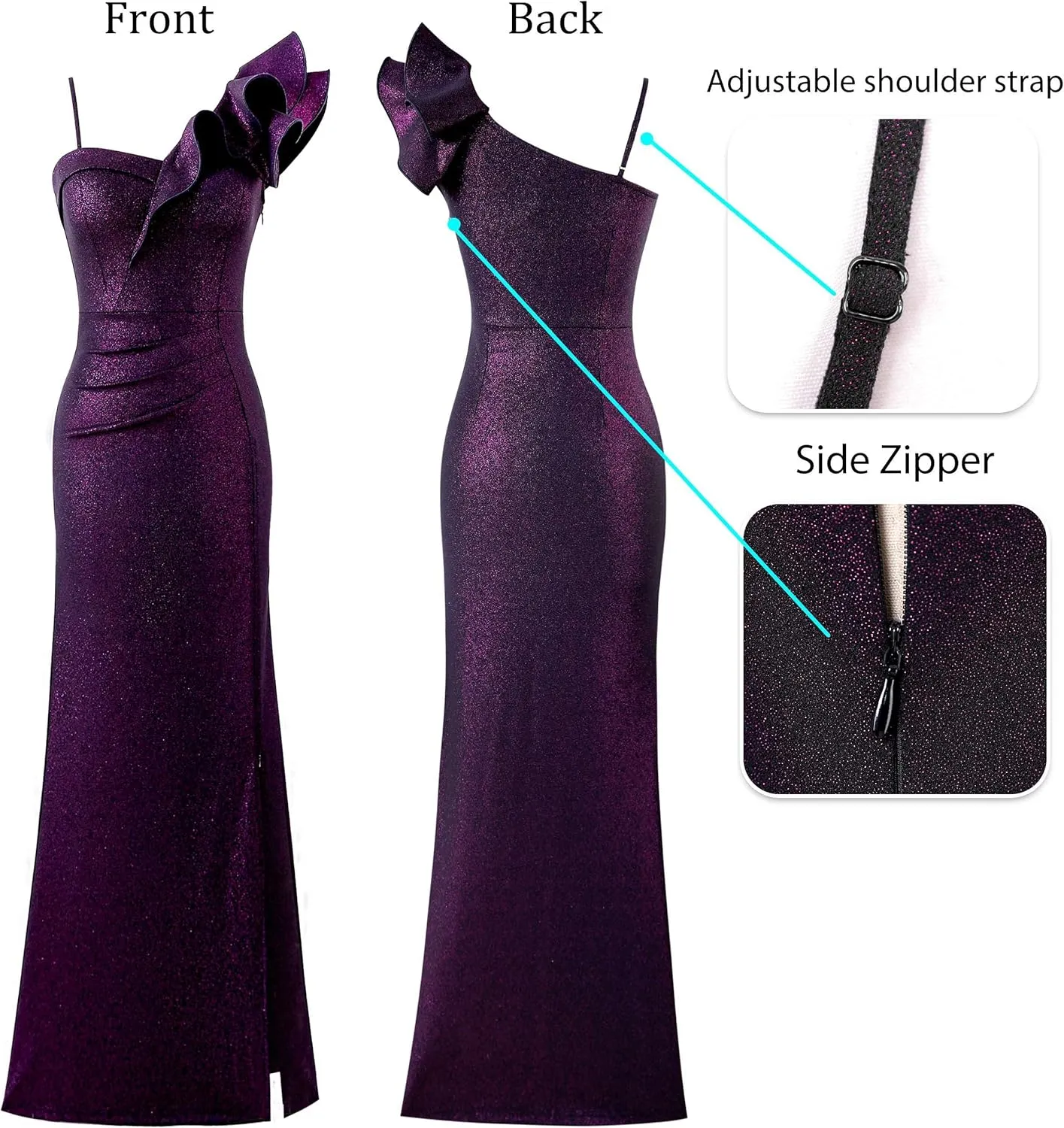 VFSHOW Womens Ruffle One Shoulder Strap Ruched Formal Prom Wedding Maxi Dress V Neck Elegant Split Cocktail Evening Long Gown
