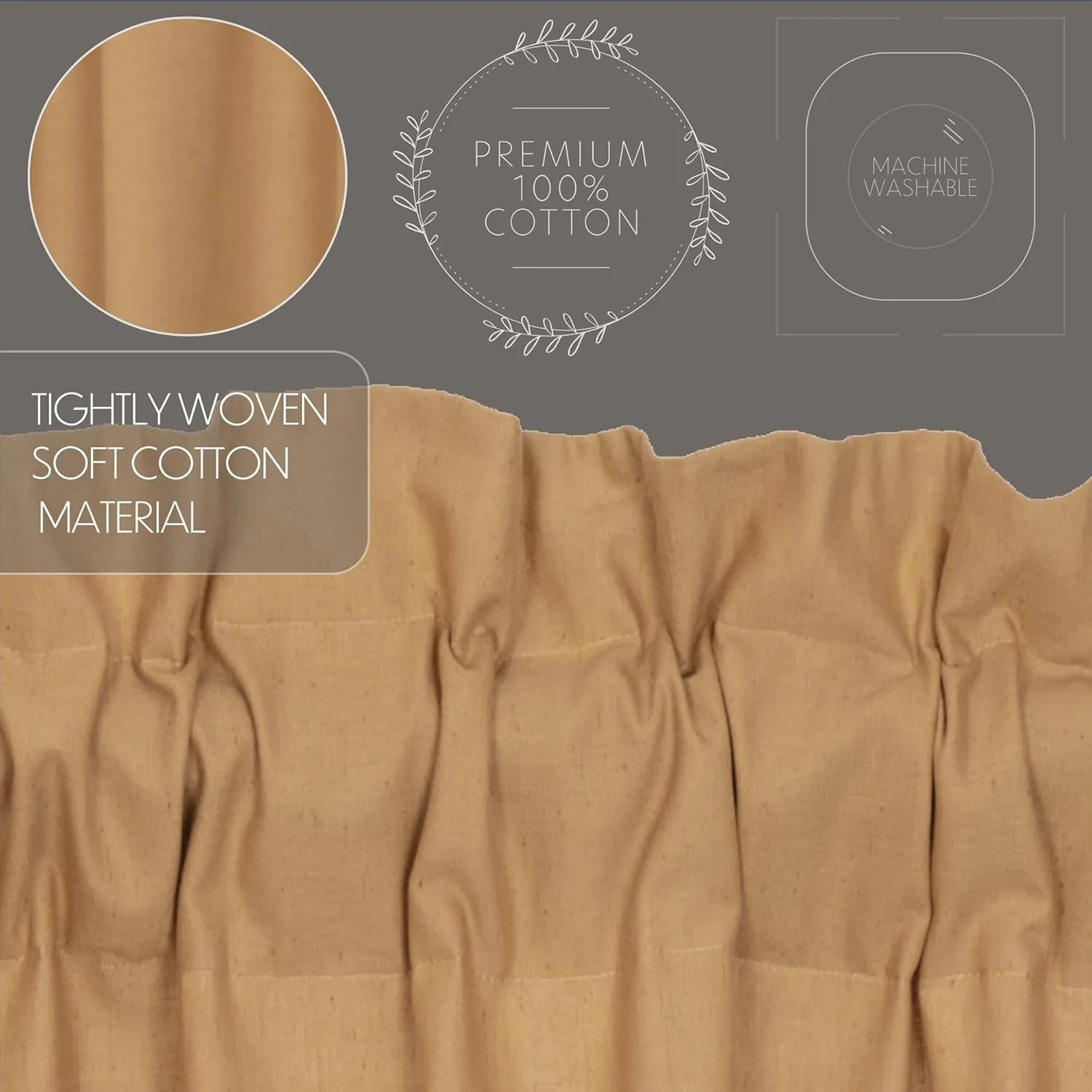 VHC Brands Simple Life Flax Solid Color Cotton Linen Blend Farmhouse Curtains Rod Pocket Hanging Loops Panel Pair, Khaki Tan