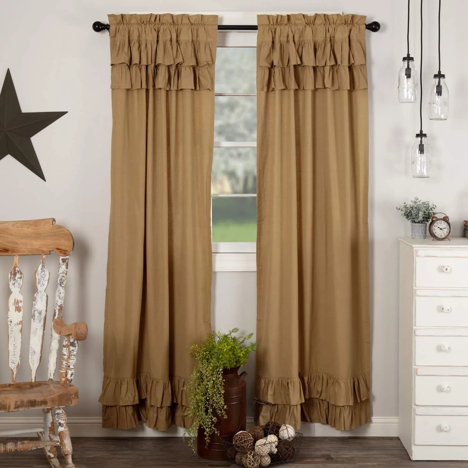 VHC Brands Simple Life Flax Solid Color Cotton Linen Blend Farmhouse Curtains Rod Pocket Hanging Loops Panel Pair, Khaki Tan
