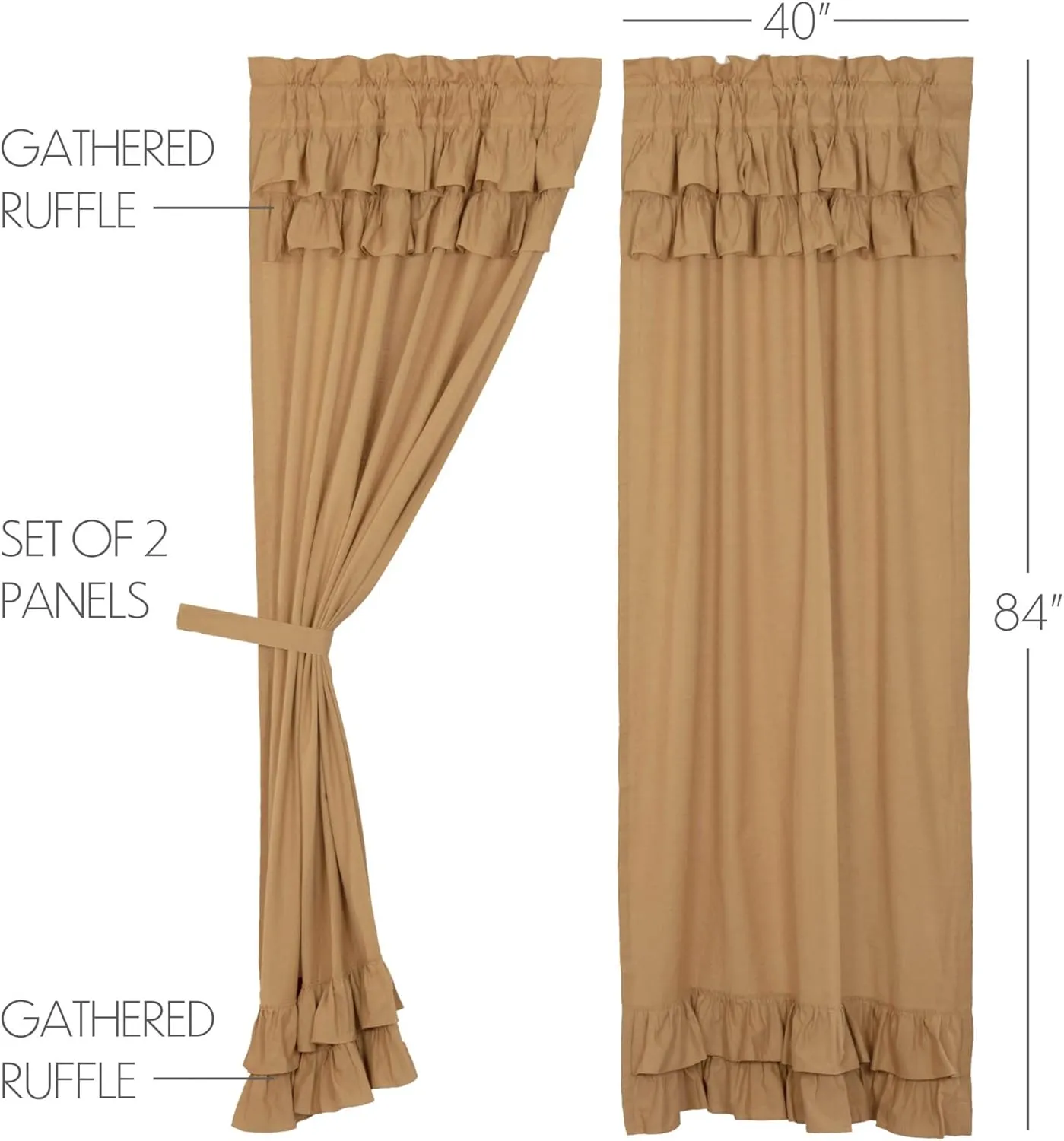 VHC Brands Simple Life Flax Solid Color Cotton Linen Blend Farmhouse Curtains Rod Pocket Hanging Loops Panel Pair, Khaki Tan