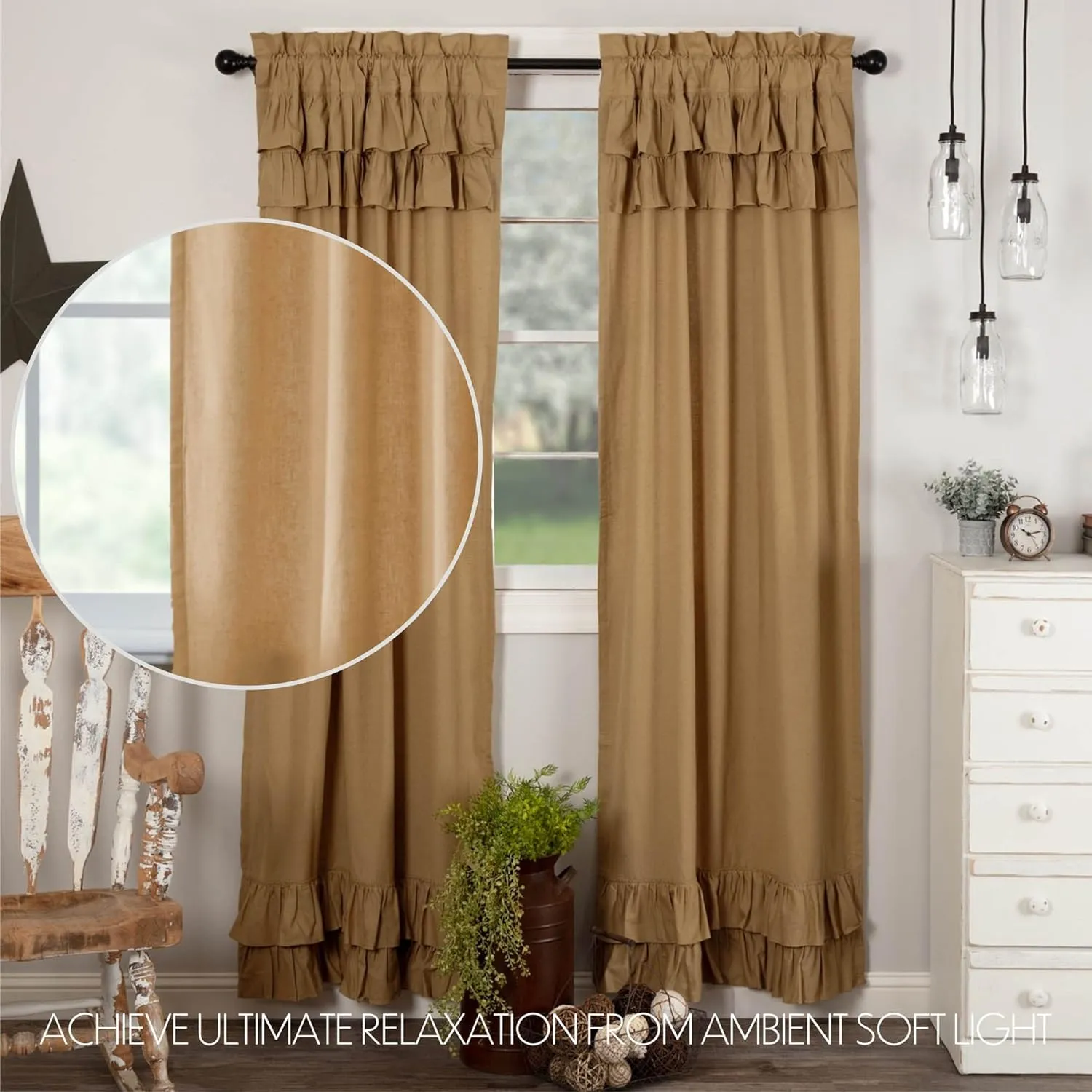 VHC Brands Simple Life Flax Solid Color Cotton Linen Blend Farmhouse Curtains Rod Pocket Hanging Loops Panel Pair, Khaki Tan
