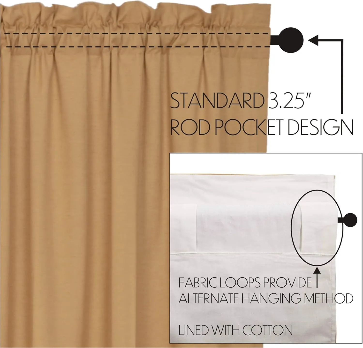 VHC Brands Simple Life Flax Solid Color Cotton Linen Blend Farmhouse Curtains Rod Pocket Hanging Loops Panel Pair, Khaki Tan