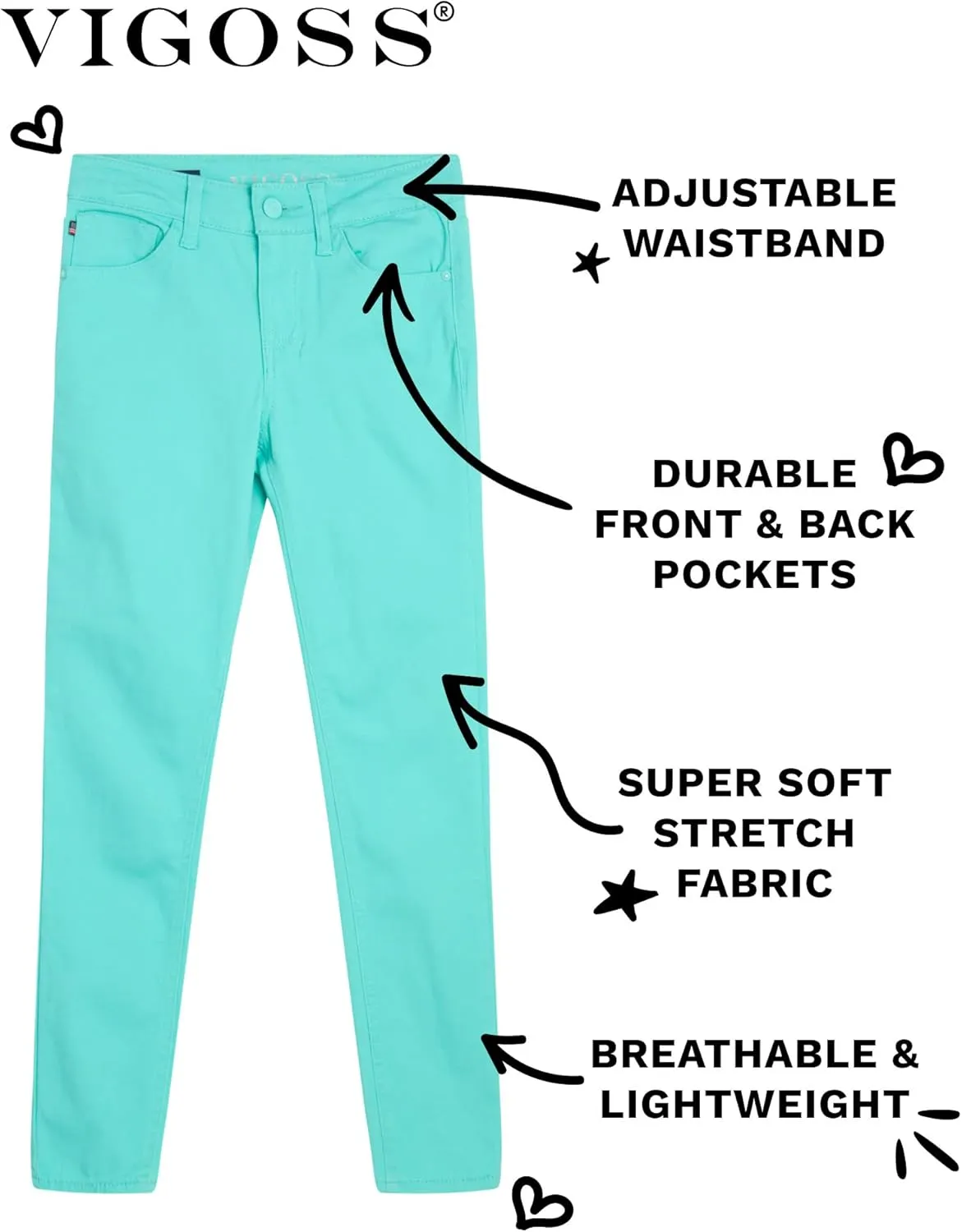 VIGOSS Girls' Jeans - Super Stretch Denim Skinny Jeans for Girls - Kids Adjustable Slim Fit Jeans (4-16)