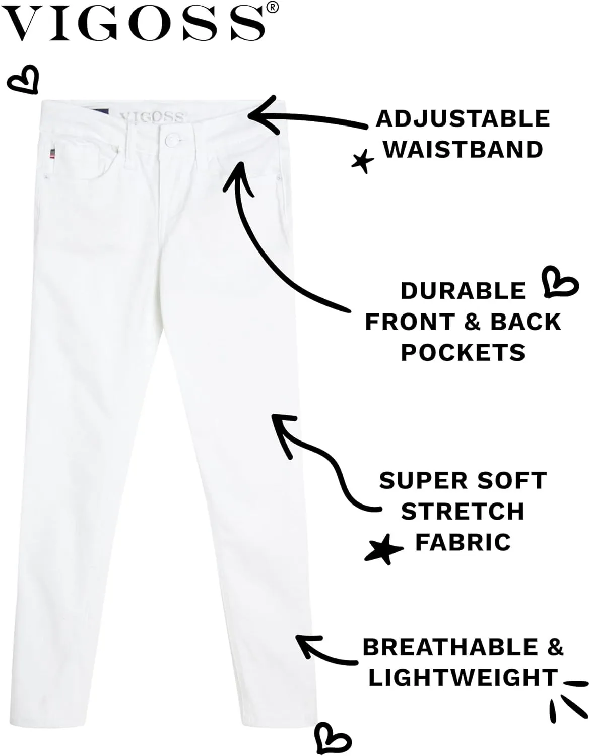 VIGOSS Girls' Jeans - Super Stretch Denim Skinny Jeans for Girls - Kids Adjustable Slim Fit Jeans (4-16)
