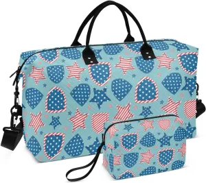 VIGTRO Travel Duffel Bag Weekender Overnight Bag with Toiletry Bag 4th Of July Printed, Carry On Luggage Bag American Independence Day for Hospital Gym Travel Business, 2 Pcs Set
