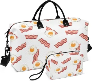 VIGTRO Travel Duffel Bag Weekender Overnight Bag with Toiletry Bag Bacon Egg Breakfast Printed, Carry On Luggage Bag for Hospital Gym Travel Business, 2 Pcs Set