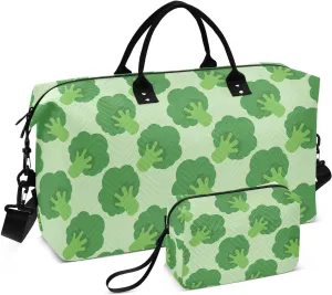 VIGTRO Travel Duffel Bag Weekender Overnight Bag with Toiletry Bag Broccoli Cabbage Pattern Printed, Carry On Luggage Bag for Hospital Gym Travel Business, 2 Pcs Set
