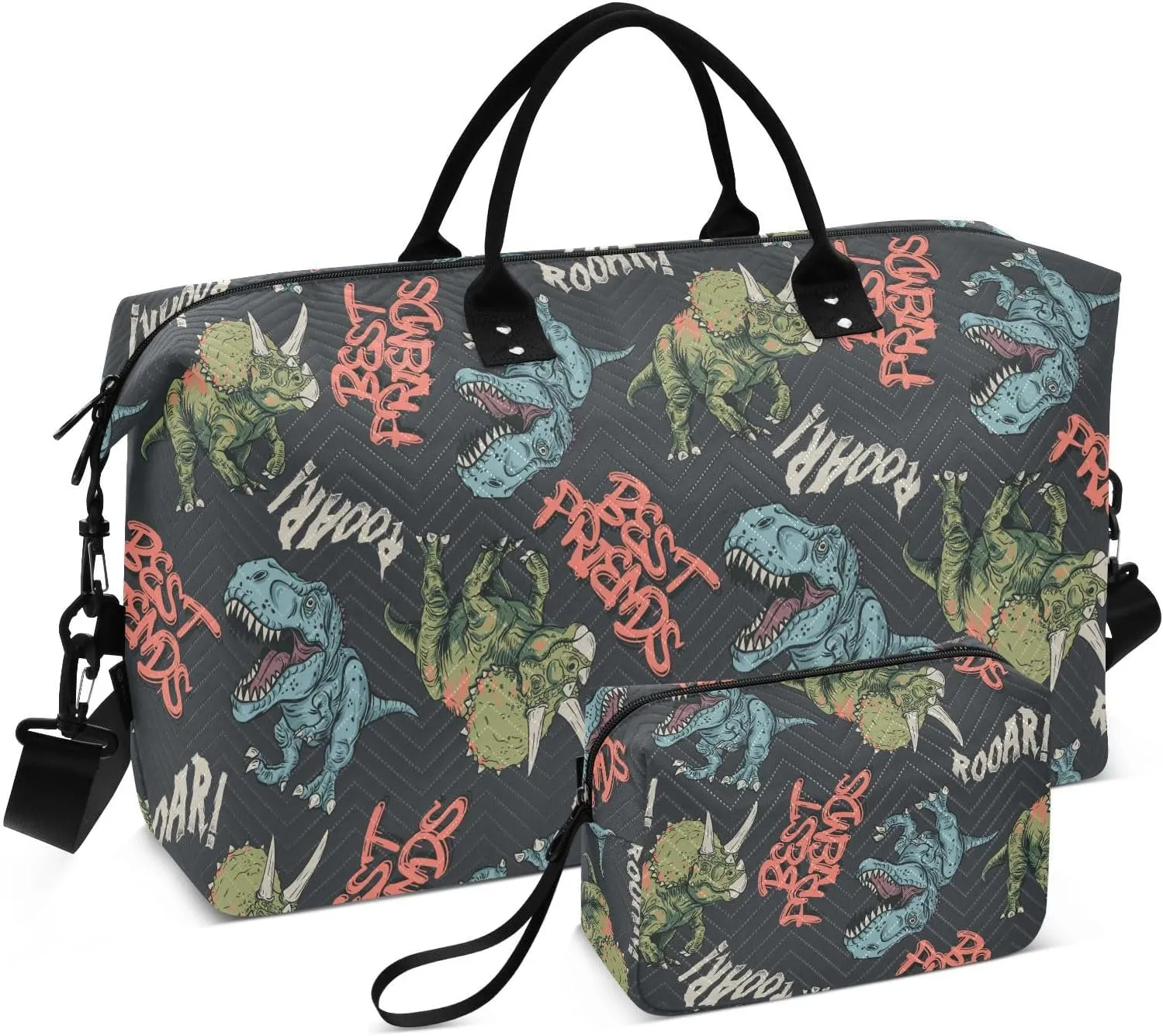 VIGTRO Travel Duffel Bag Weekender Overnight Bag with Toiletry Bag Cartoon Angry Dinosaurs Printed, Carry On Luggage Bag for Hospital Gym Travel Business, 2 Pcs Set