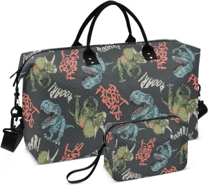 VIGTRO Travel Duffel Bag Weekender Overnight Bag with Toiletry Bag Cartoon Angry Dinosaurs Printed, Carry On Luggage Bag for Hospital Gym Travel Business, 2 Pcs Set