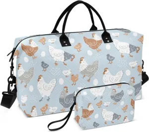 VIGTRO Travel Duffel Bag Weekender Overnight Bag with Toiletry Bag Cartoon Hens Chicks Eggs Printed, Carry On Luggage Bag for Hospital Gym Travel Business, 2 Pcs Set