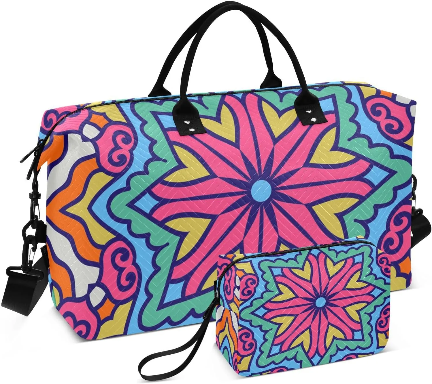 VIGTRO Travel Duffel Bag Weekender Overnight Bag with Toiletry Bag Circle Ethnic Ornament Printed, Carry On Luggage Bag for Hospital Gym Travel Business, 2 Pcs Set