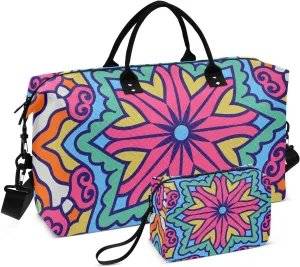 VIGTRO Travel Duffel Bag Weekender Overnight Bag with Toiletry Bag Circle Ethnic Ornament Printed, Carry On Luggage Bag for Hospital Gym Travel Business, 2 Pcs Set