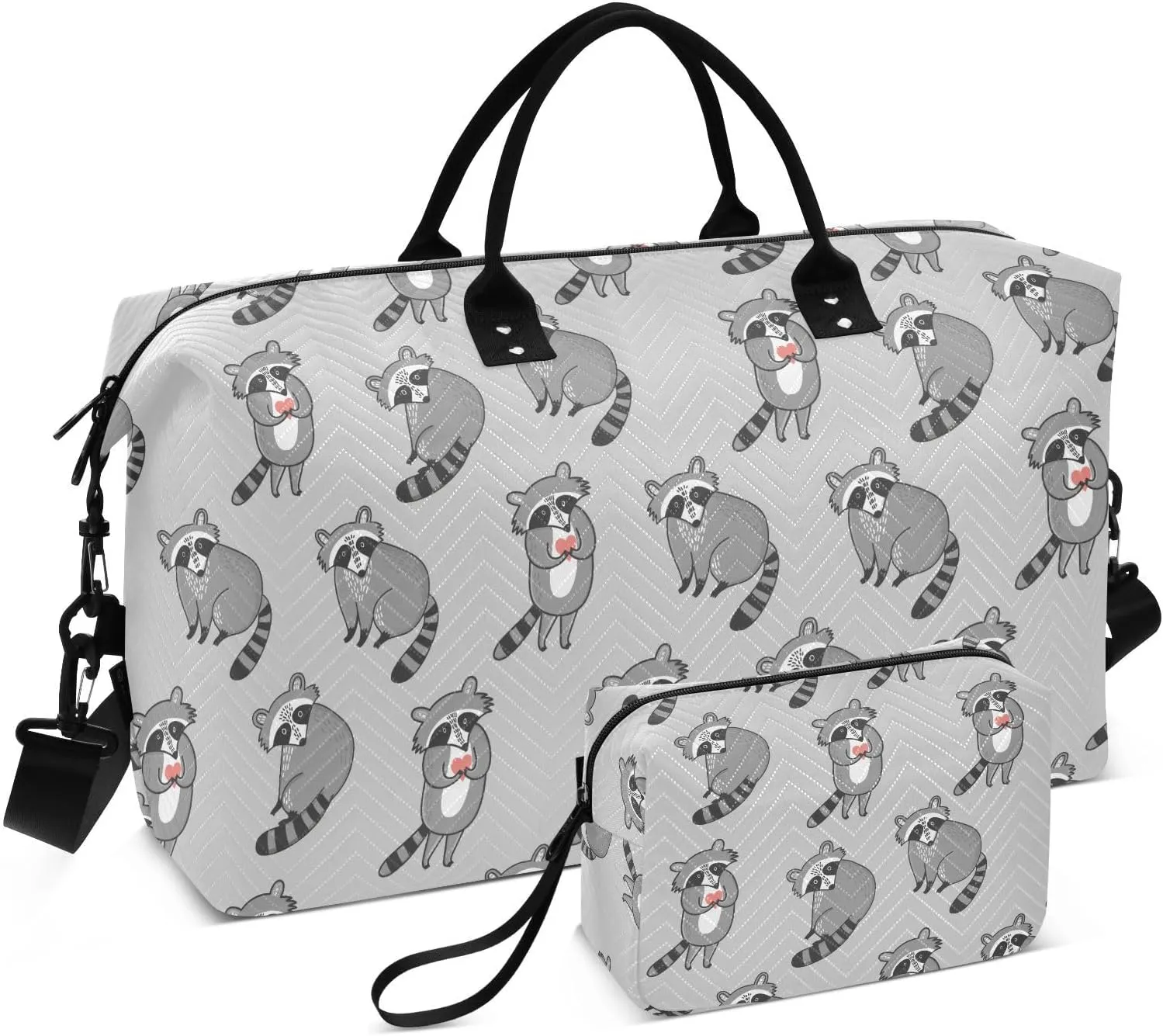 VIGTRO Travel Duffel Bag Weekender Overnight Bag with Toiletry Bag Cute Cartoon Raccoons Printed, Carry On Luggage Bag for Hospital Gym Travel Business, 2 Pcs Set