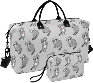 VIGTRO Travel Duffel Bag Weekender Overnight Bag with Toiletry Bag Cute Cartoon Raccoons Printed, Carry On Luggage Bag for Hospital Gym Travel Business, 2 Pcs Set