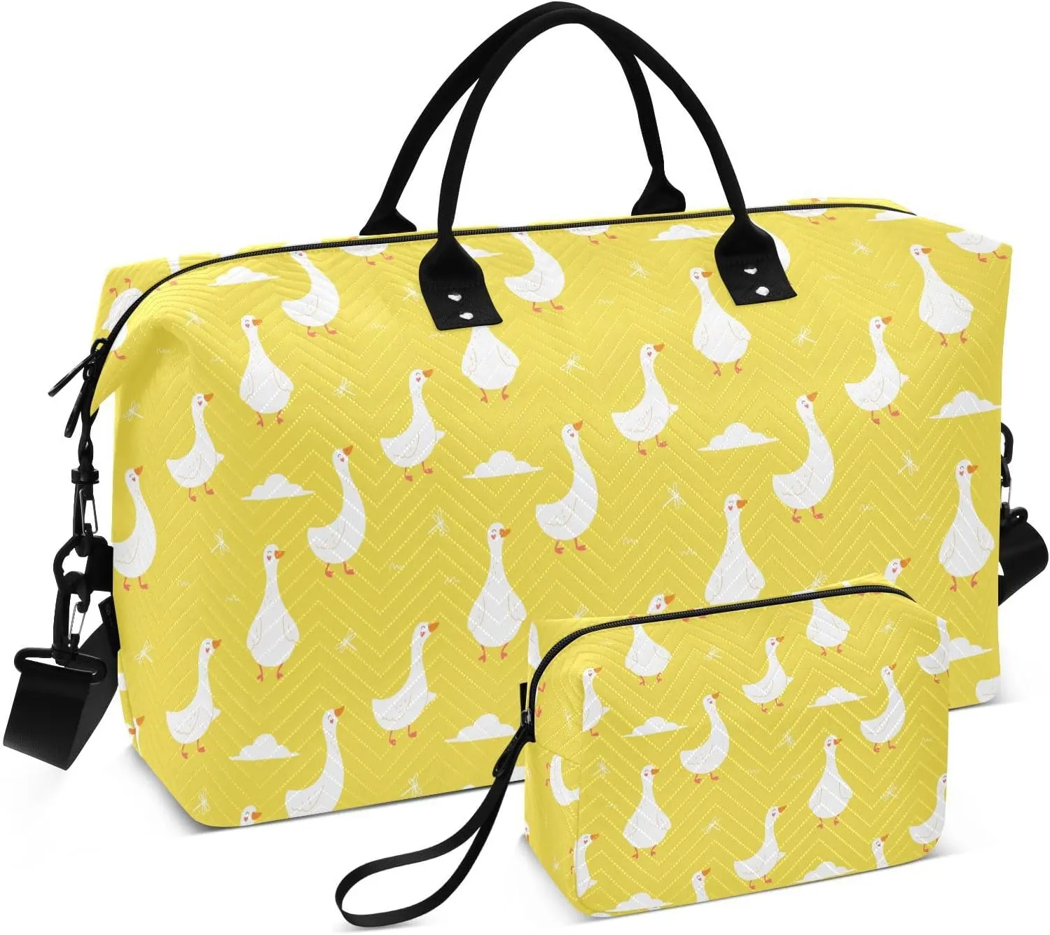 VIGTRO Travel Duffel Bag Weekender Overnight Bag with Toiletry Bag Cute Geese Printed, Carry On Luggage Bag for Hospital Gym Travel Business, 2 Pcs Set
