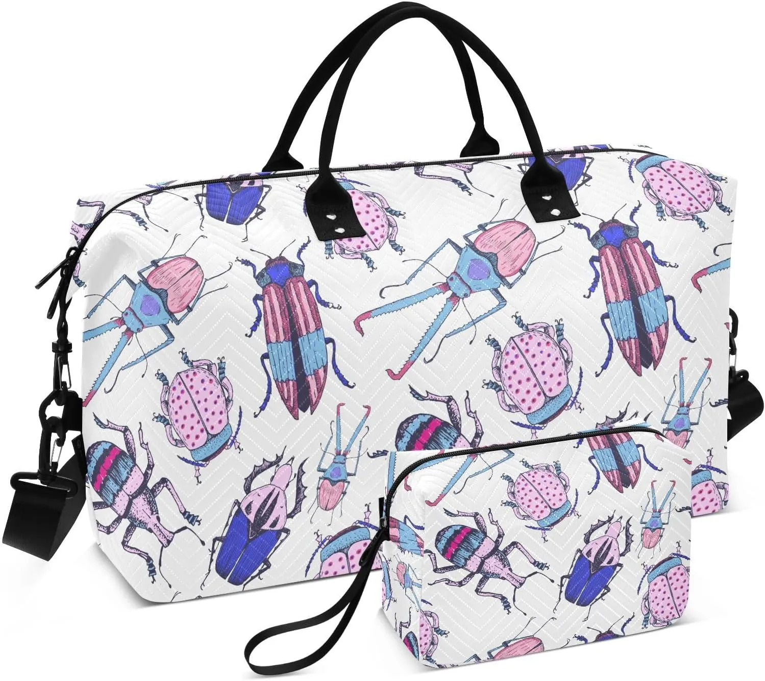 VIGTRO Travel Duffel Bag Weekender Overnight Bag with Toiletry Bag Cute Pink Beetles Pattern Printed, Carry On Luggage Bag for Hospital Gym Travel Business, 2 Pcs Set