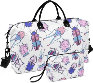 VIGTRO Travel Duffel Bag Weekender Overnight Bag with Toiletry Bag Cute Pink Beetles Pattern Printed, Carry On Luggage Bag for Hospital Gym Travel Business, 2 Pcs Set