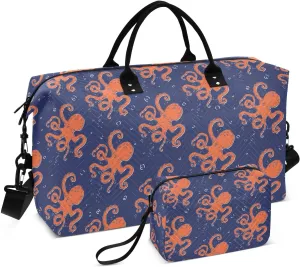 VIGTRO Travel Duffel Bag Weekender Overnight Bag with Toiletry Bag Deep Sea Octopus Printed, Carry On Luggage Bag Underwater Nautical for Hospital Gym Travel Business, 2 Pcs Set